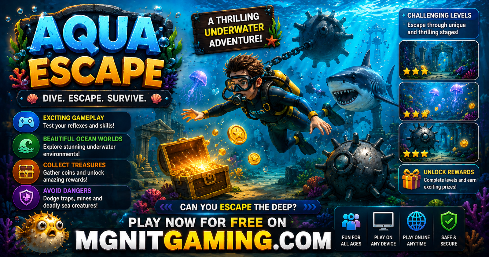 Play Aqua Escape Online Free | Collect Treasures and Avoid Ocean Dangers | MGNiT Gaming
